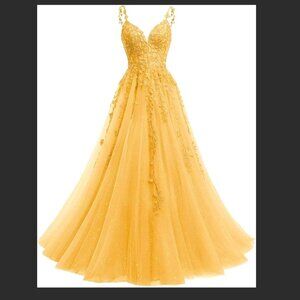 Gold Prom Dress/Ball Gown, Full length, Lace, V-Neck, Evening Dress